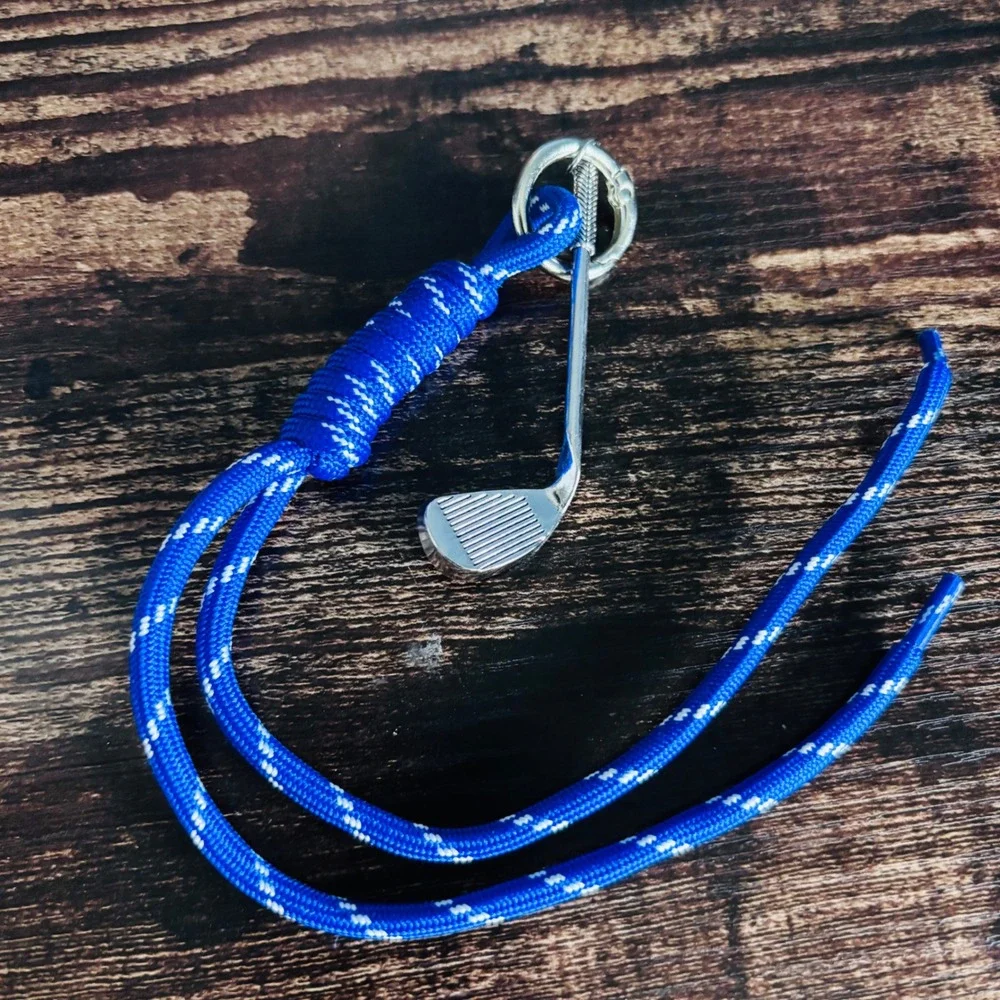 Blue Paracord Golf Club Charm Lanyard Keychain Bag Accessory Silver Tone Iron